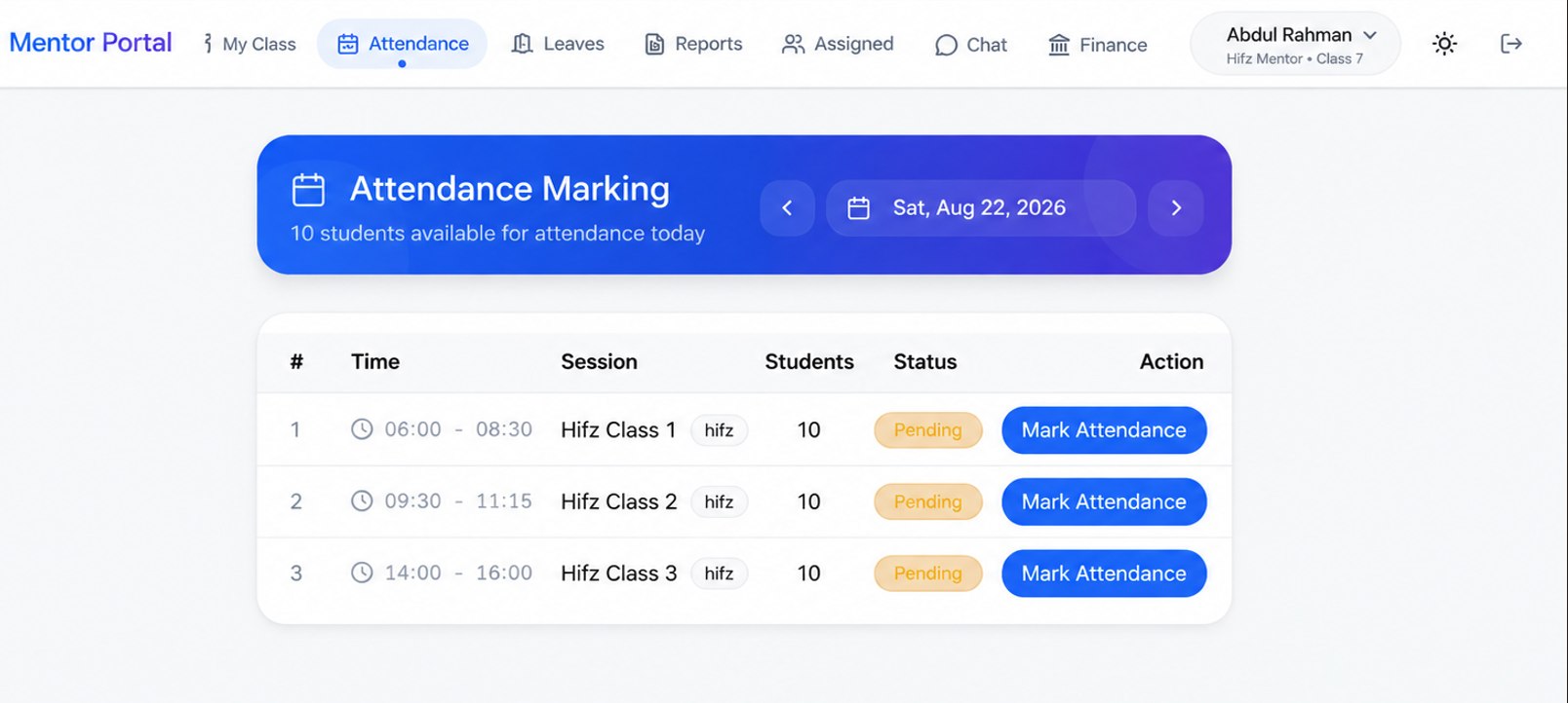 Attendance built into the teaching day shown with demonstration data