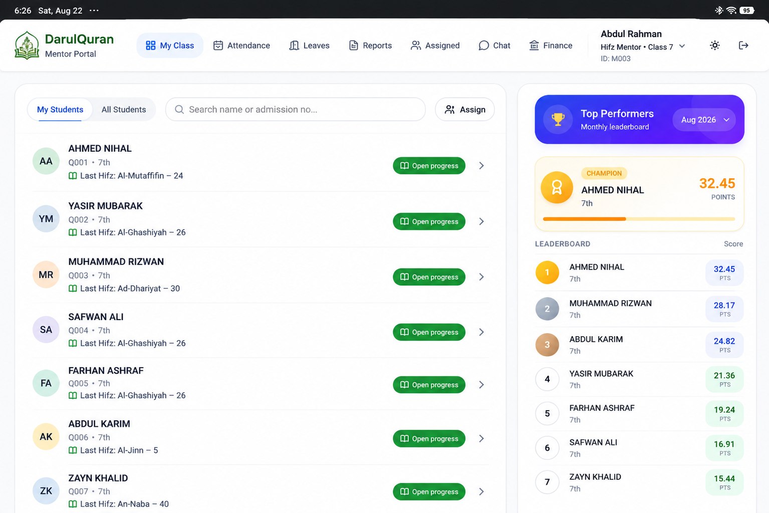A focused workspace for every mentor shown with demonstration data
